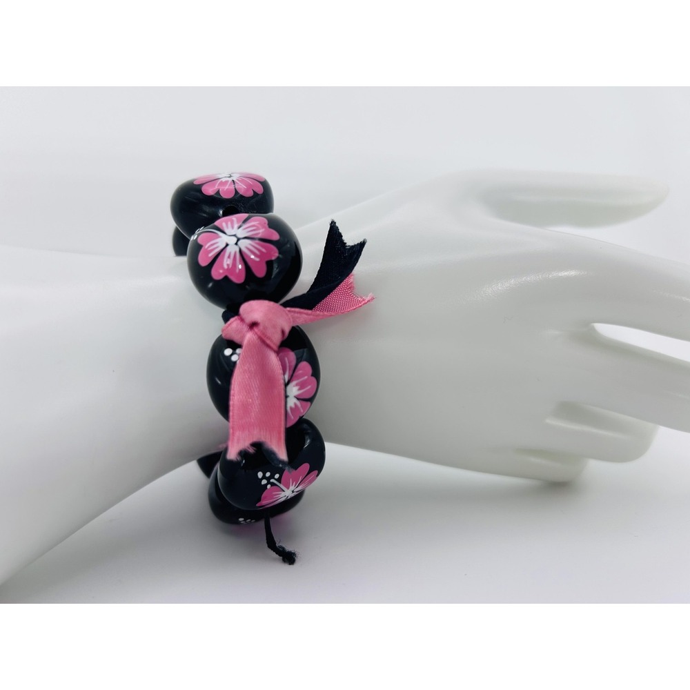 Bracelet Black Large Plastic Beaded Pink Flower Ribbon Womens Fashion Jewelry